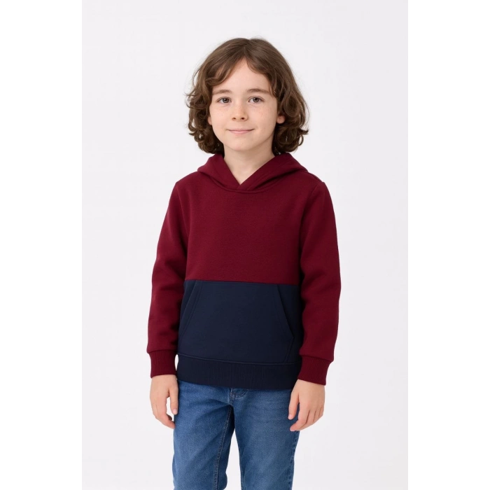 Erkek Çocuk Kapüşonlu Kanguru Cepli Parçalı SweatShirt - Renkli