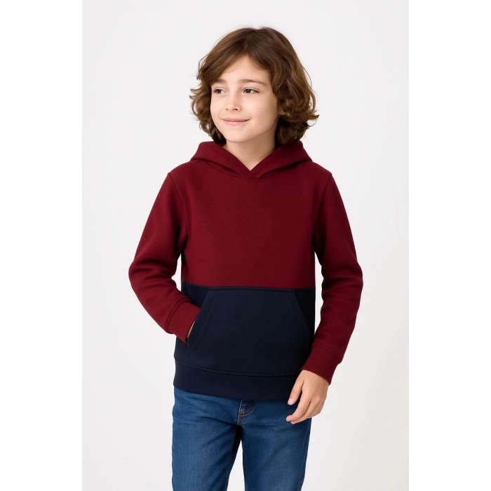 Erkek Çocuk Kapüşonlu Kanguru Cepli Parçalı SweatShirt - Renkli