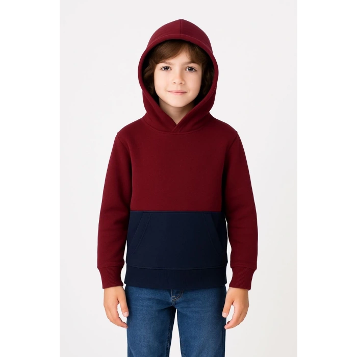 Erkek Çocuk Kapüşonlu Kanguru Cepli Parçalı SweatShirt - Renkli