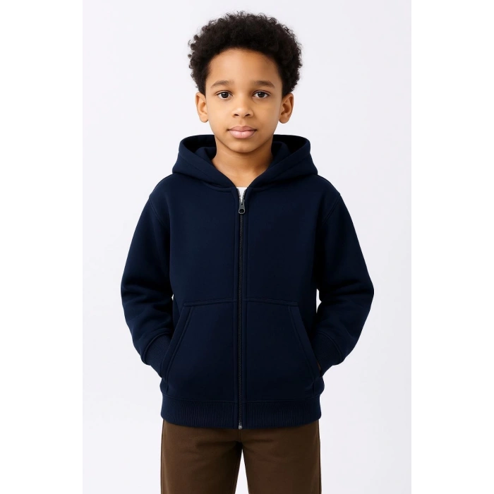 Erkek Çocuk Kapüşonlu Kanguru Çepli Tam Fermuarlı Hırka SweatShirt - Lacivert