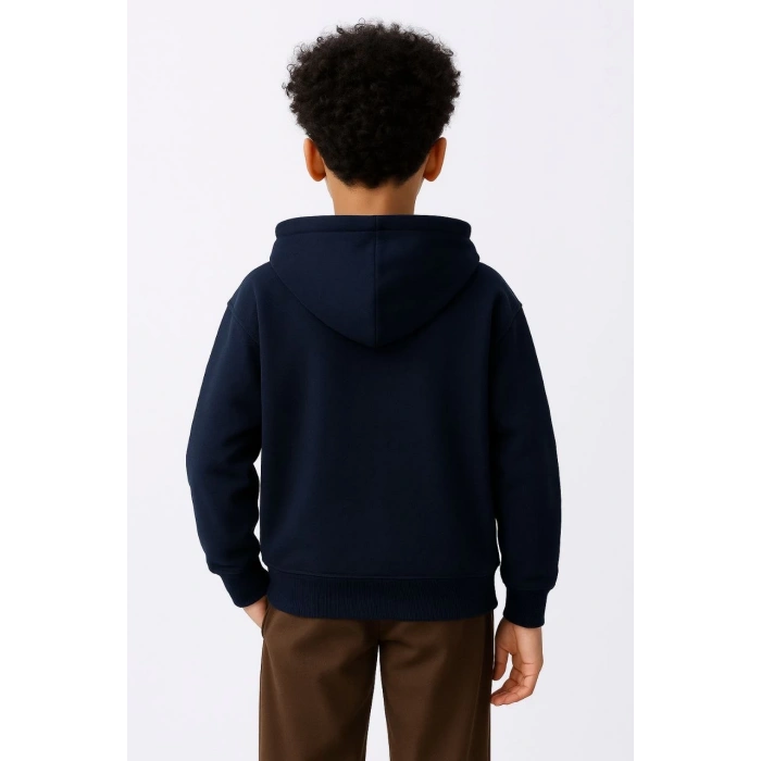 Erkek Çocuk Kapüşonlu Kanguru Çepli Tam Fermuarlı Hırka SweatShirt - Lacivert