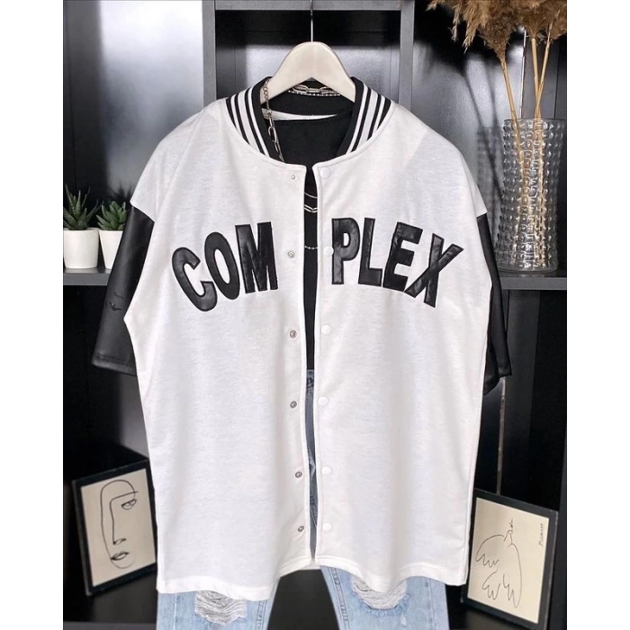 Erkek Complex Kolları Deri Kolej Oversize T-Shirt - Beyaz