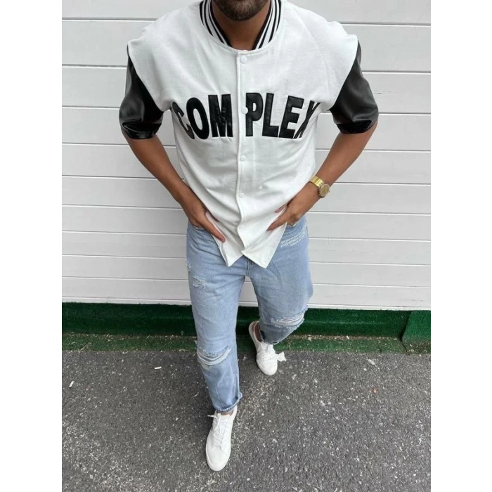 Erkek Complex Kolları Deri Kolej Oversize T-Shirt - Beyaz
