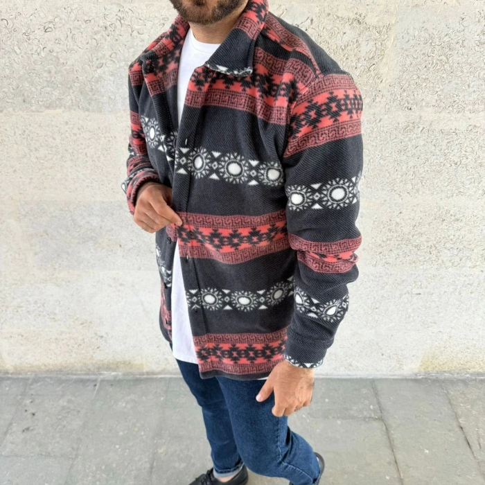 Erkek Desenli Polar Gömlek – Etnik Şerit Desen Yakalı, Uzun Kollu, Düğmeli, Oversize Rahat Kalıp - Füme