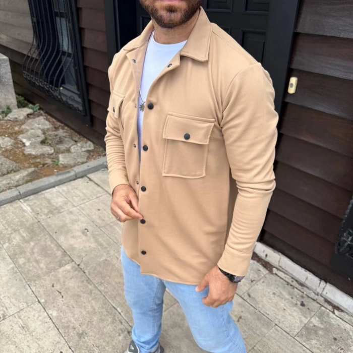 Erkek Diagonal Kumaş Cepli Çıtçıtlı uzun Kollu, Gömlek Oversize Rahat Kalıp Günlük Şık Stil - Bej