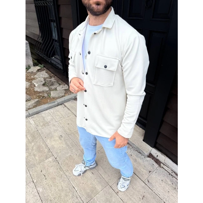Erkek Diagonal Kumaş Cepli Çıtçıtlı uzun Kollu, Gömlek Oversize Rahat Kalıp Günlük Şık Stil - Beyaz