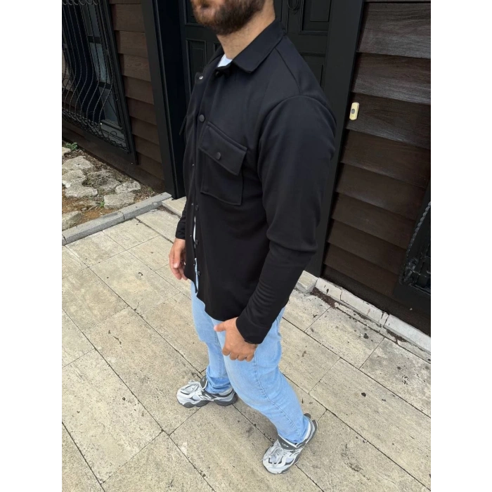 Erkek Diagonal Kumaş Cepli Çıtçıtlı uzun Kollu, Gömlek Oversize Rahat Kalıp Günlük Şık Stil - Siyah