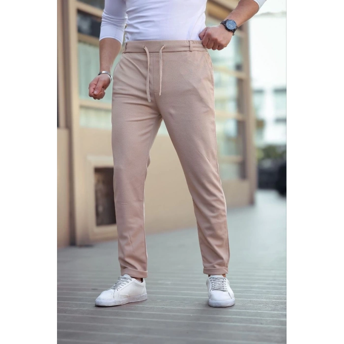 Erkek Diagonel Mikro dokulu Cepli Beli Lastilki Pantolon - Kahverengi