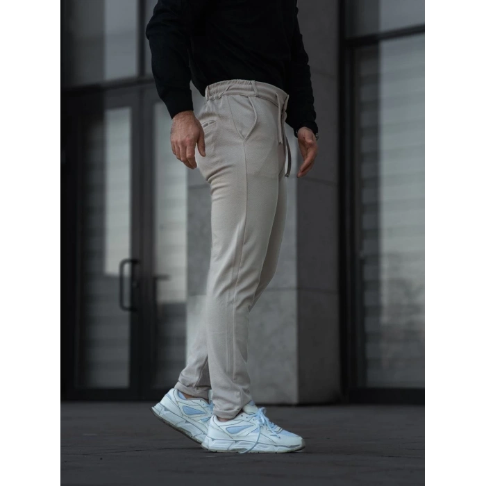 Erkek Diagonel Mikro dokulu Cepli Pantolon - Bej