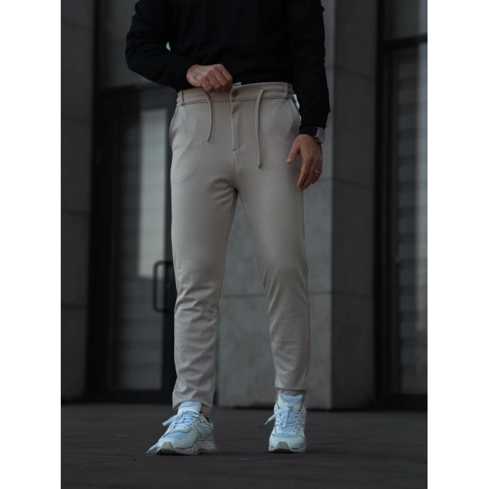 Erkek Diagonel Mikro dokulu Cepli Pantolon - Bej