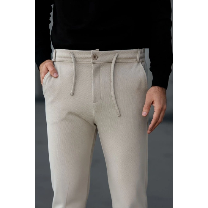 Erkek Diagonel Mikro dokulu Cepli Pantolon - Bej