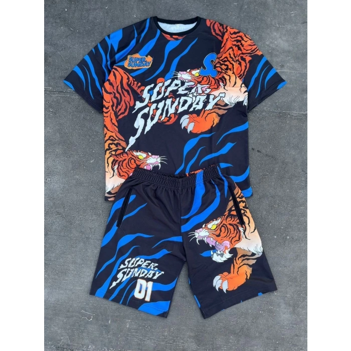 Erkek Dijital Baskılı Şortlu Takım - Mavi