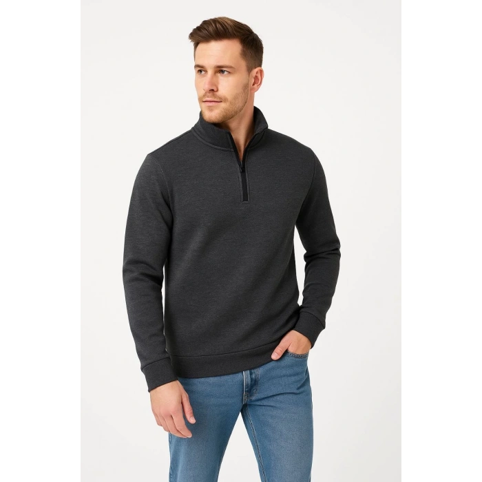 Erkek Dik Yaka Sweatshirt Dik Yaka Yarım Fermuarlı 3 İplik Şardonlu Pamuk Kumaş - Antrasit