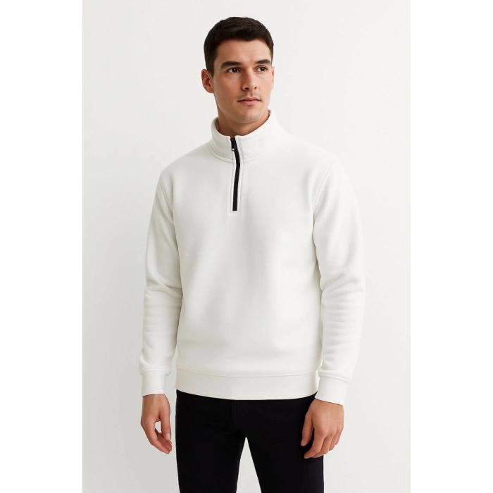 Erkek Dik Yaka Sweatshirt Dik Yaka Yarım Fermuarlı 3 İplik Şardonlu Pamuk Kumaş - Beyaz