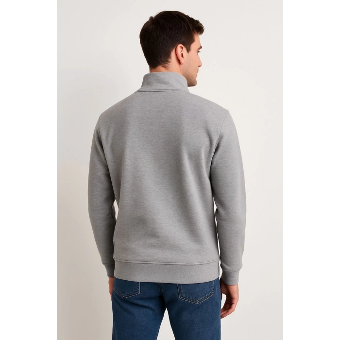 Erkek Dik Yaka Sweatshirt Dik Yaka Yarım Fermuarlı 3 İplik Şardonlu Pamuk Kumaş - Gri