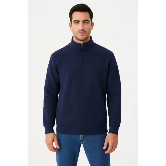 Erkek Dik Yaka Sweatshirt Dik Yaka Yarım Fermuarlı 3 İplik Şardonlu Pamuk Kumaş - Lacivert