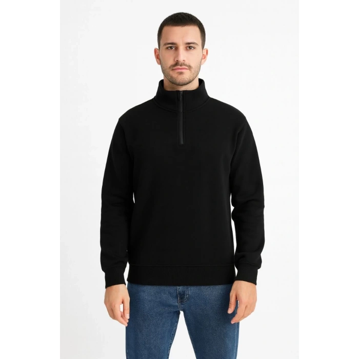 Erkek Dik Yaka Sweatshirt Dik Yaka Yarım Fermuarlı 3 İplik Şardonlu Pamuk Kumaş - Siyah