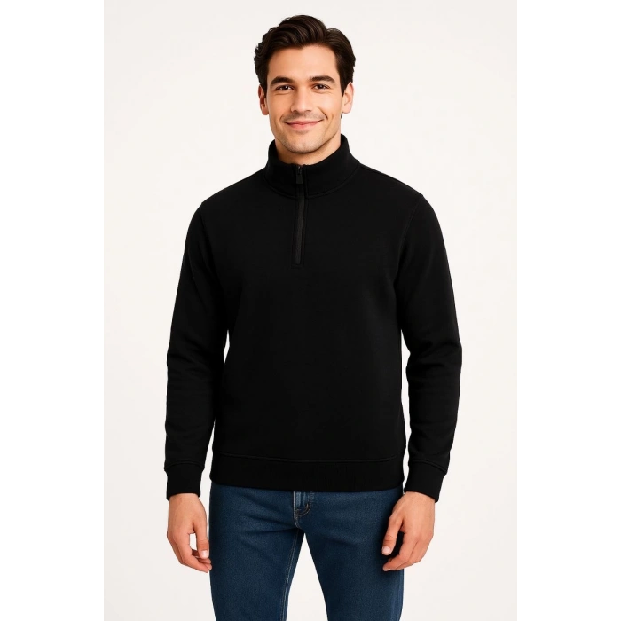 Erkek Dik Yaka Sweatshirt Dik Yaka Yarım Fermuarlı 3 İplik Şardonlu Pamuk Kumaş - Siyah