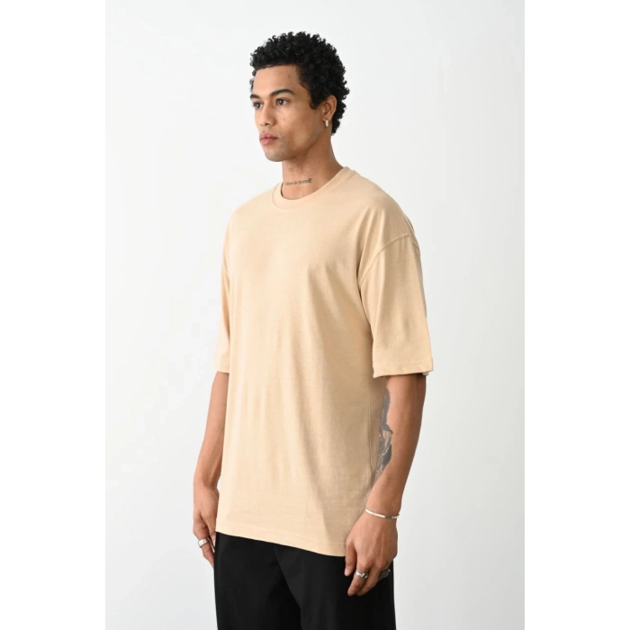 Erkek Düz Basic Bisiklet Yaka Kısa kol T-Shirt - Bej