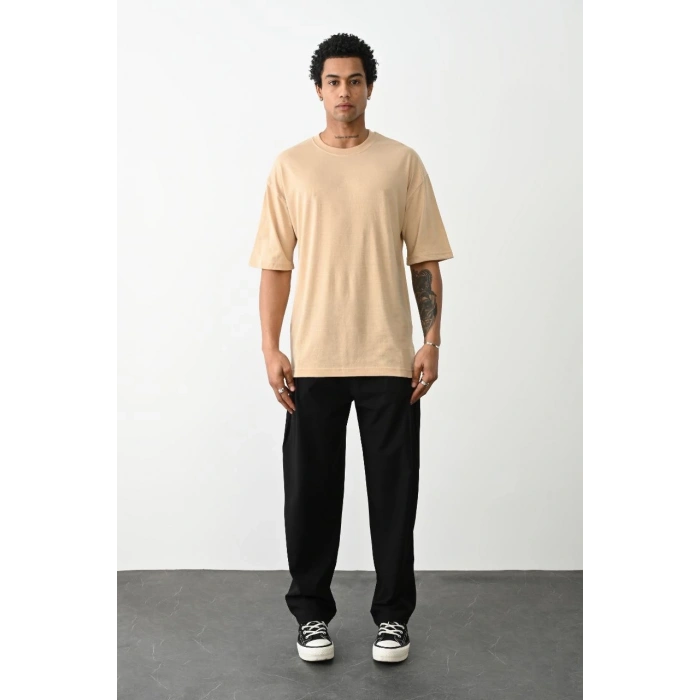 Erkek Düz Basic Bisiklet Yaka Kısa kol T-Shirt - Bej