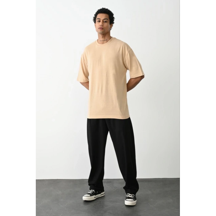 Erkek Düz Basic Bisiklet Yaka Kısa kol T-Shirt - Bej