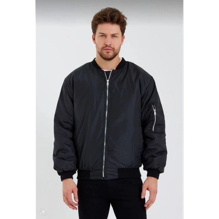 Unisex Siyah Bomber Mont – Su İtici Kumaş, Kapitone Astarlı, Fermuarlı ve Günlük Kullanıma Uygun Ceket- Siyah