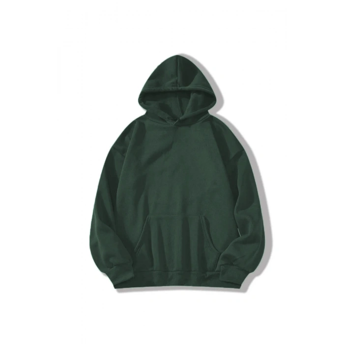 Erkek Düz Kapüşonlu Sweat - Koyu Yeşil