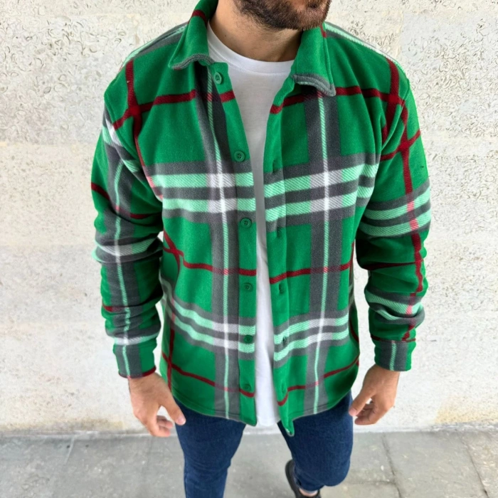 Erkek Ekose Desenli Düğmeli Polar Yakalı Uzun Kollu Gömlek Oversize Rahat Kalıp - Yeşil