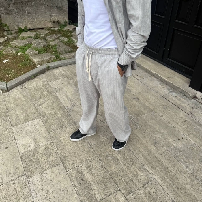 Erkek Fitilli Kadife Cepli Buggy Pantolon Oversize Rahat Kalıp - Gri