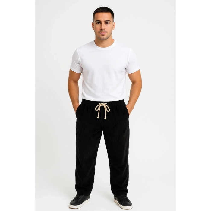 Erkek Fitilli Kadife Cepli Buggy Pantolon Oversize Rahat Kalıp - Siyah