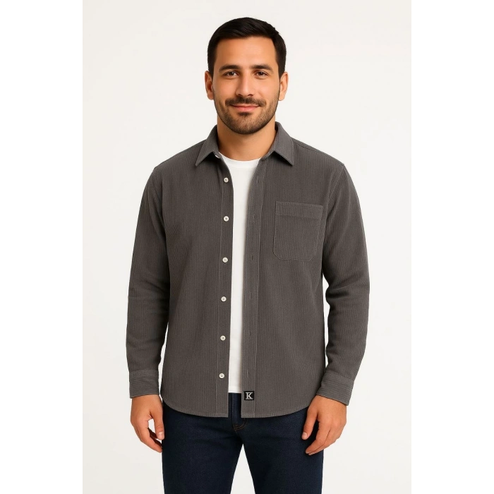 Erkek Fitilli Kadife Cepli Gömlek Oversize Rahat Kalıp - Füme