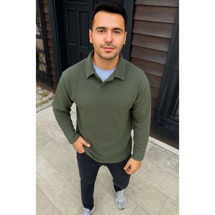 Erkek Fitilli Polar Sweatshirt – Düğmesiz Polo Yaka, Oversize Rahat Kalıp, Kalın Polar Kumaş, Kışlık ve Baharlık Şık Günlük Üst - Haki