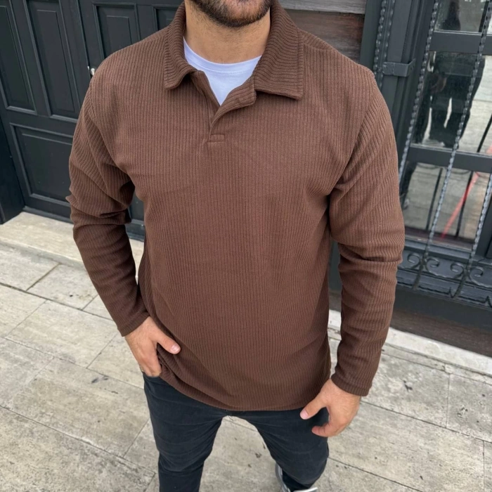 Erkek Fitilli Polar Sweatshirt – Düğmesiz Polo Yaka, Oversize Rahat Kalıp, Kalın Polar Kumaş, Kışlık ve Baharlık Şık Günlük Üst - Kahverengi