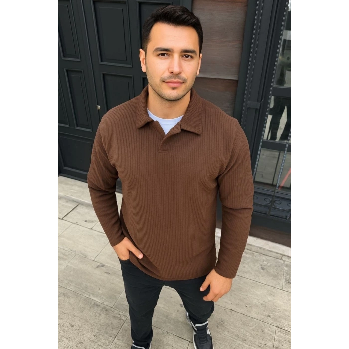 Erkek Fitilli Polar Sweatshirt – Düğmesiz Polo Yaka, Oversize Rahat Kalıp, Kalın Polar Kumaş, Kışlık ve Baharlık Şık Günlük Üst - Kahverengi