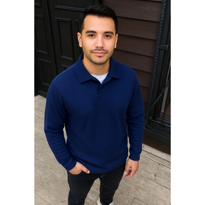 Erkek Fitilli Polar Sweatshirt – Düğmesiz Polo Yaka, Oversize Rahat Kalıp, Kalın Polar Kumaş, Kışlık ve Baharlık Şık Günlük Üst - Lacivert