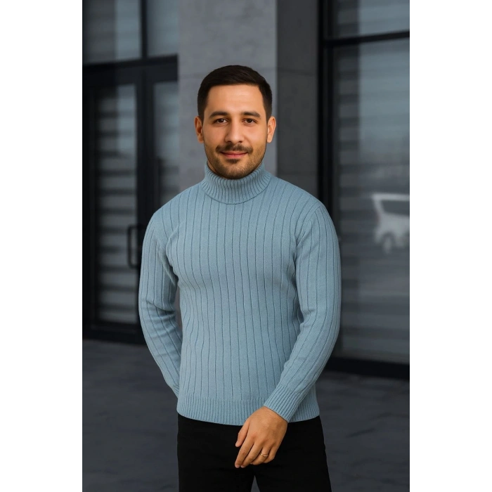 Erkek Fitilli Triko Kazak 2li Set Bebek Mavisi Siyah Regular Balıkcı Yaka Tam Boğazlı Triko Seti Modeli Kazak