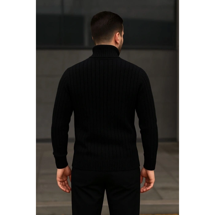 Erkek Fitilli Triko Kazak 2li Set Bej Siyah Regular Balıkcı Yaka Tam Boğazlı Triko Seti Modeli Kazak