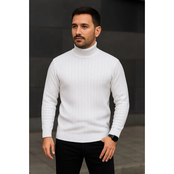 Erkek Fitilli Triko Kazak 2li Set Beyaz Siyah Regular Balıkcı Yaka Tam Boğazlı Triko Seti Modeli Kazak