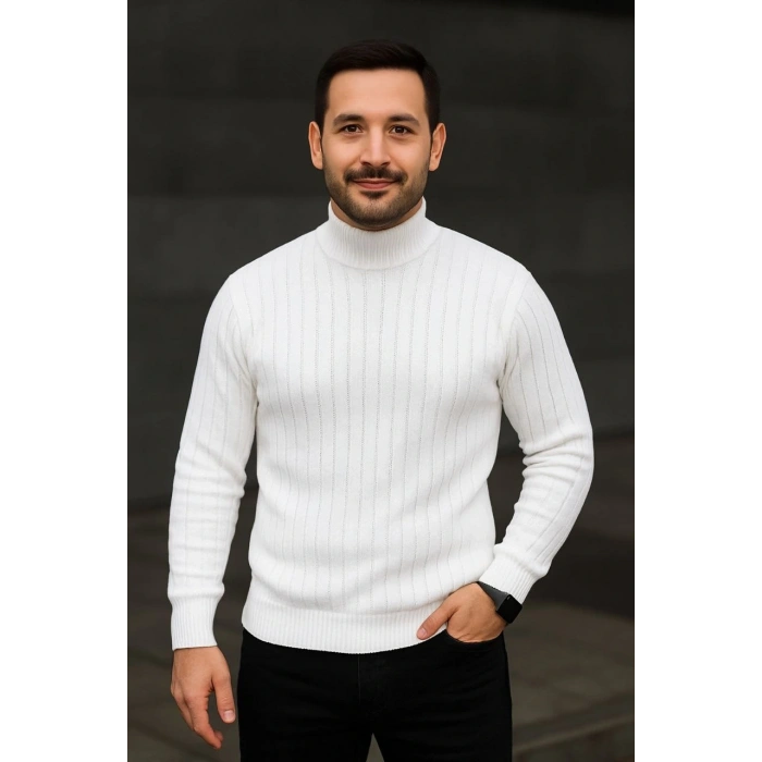 Erkek Fitilli Triko Kazak 2li Set Beyaz Siyah Regular Balıkcı Yaka Tam Boğazlı Triko Seti Modeli Kazak