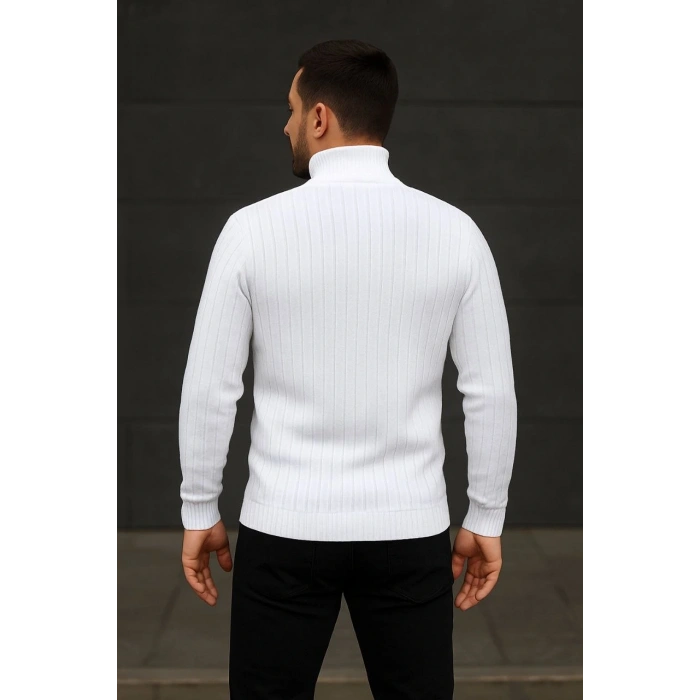 Erkek Fitilli Triko Kazak 2li Set Beyaz Siyah Regular Balıkcı Yaka Tam Boğazlı Triko Seti Modeli Kazak