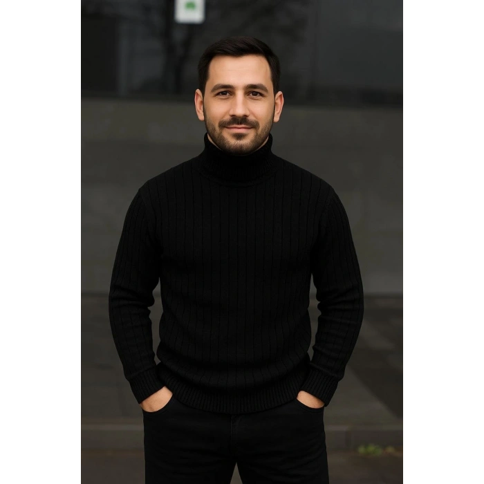 Erkek Fitilli Triko Kazak 2li Set Bordo Siyah Regular Balıkcı Yaka Tam Boğazlı Triko Seti Modeli Kazak