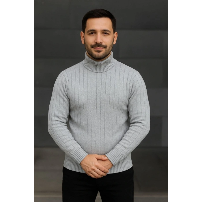 Erkek Fitilli Triko Kazak 2li Set Gri Siyah Regular Balıkcı Yaka Tam Boğazlı Triko Seti Modeli Kazak