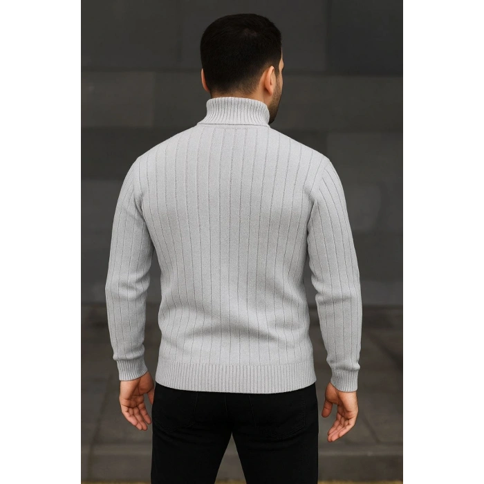 Erkek Fitilli Triko Kazak 2li Set Gri Siyah Regular Balıkcı Yaka Tam Boğazlı Triko Seti Modeli Kazak