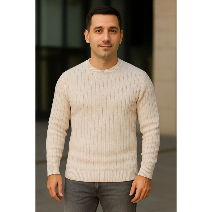 Erkek Fitilli Triko Kazak 2’li Set Bej Beyaz Kalın Dokuma Pamuklu Regular Fit Bisiklet