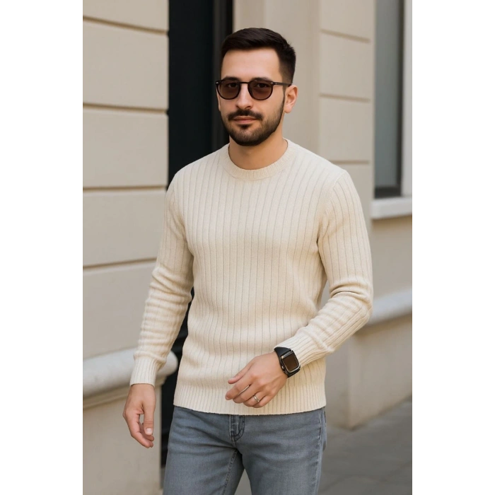 Erkek Fitilli Triko Kazak 2’li Set Bej Beyaz Kalın Dokuma Pamuklu Regular Fit Bisiklet