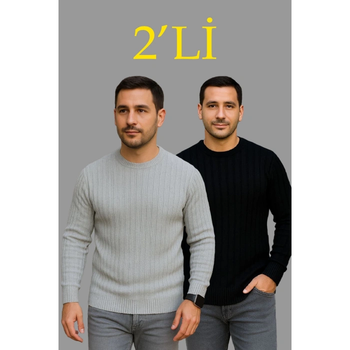 Erkek Fitilli Triko Kazak 2’li Set Siyah Gri Kalın Dokuma Pamuklu Regular Fit Bisiklet