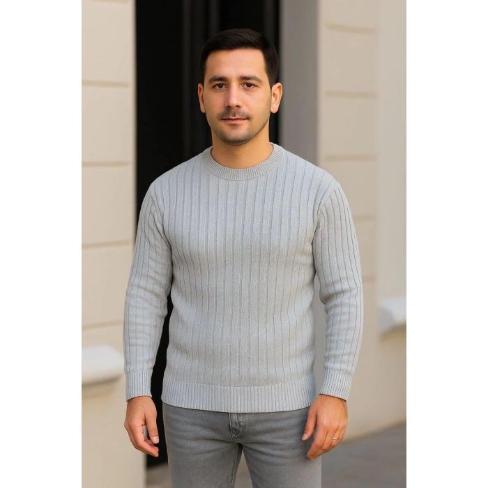 Erkek Fitilli Triko Kazak 2’li Set Siyah Gri Kalın Dokuma Pamuklu Regular Fit Bisiklet