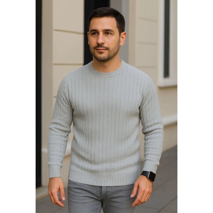 Erkek Fitilli Triko Kazak 2’li Set Siyah Gri Kalın Dokuma Pamuklu Regular Fit Bisiklet