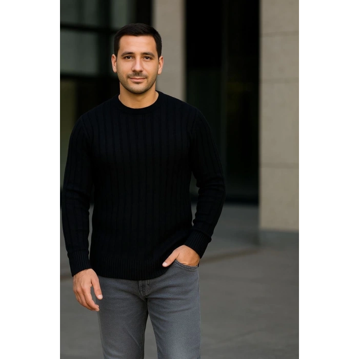 Erkek Fitilli Triko Kazak 2’li Set Siyah Haki Kalın Dokuma Pamuklu Regular Fit Bisiklet