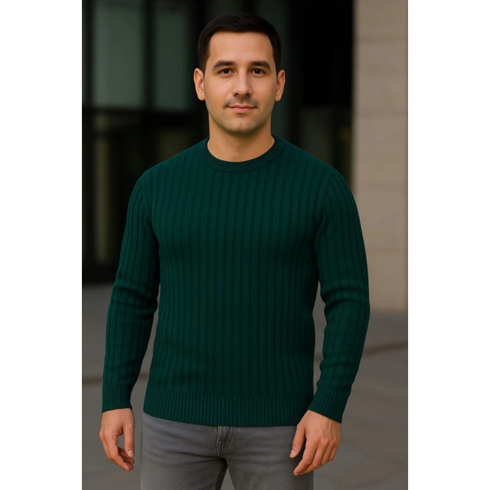 Erkek Fitilli Triko Kazak 2’li Set Siyah Haki Kalın Dokuma Pamuklu Regular Fit Bisiklet